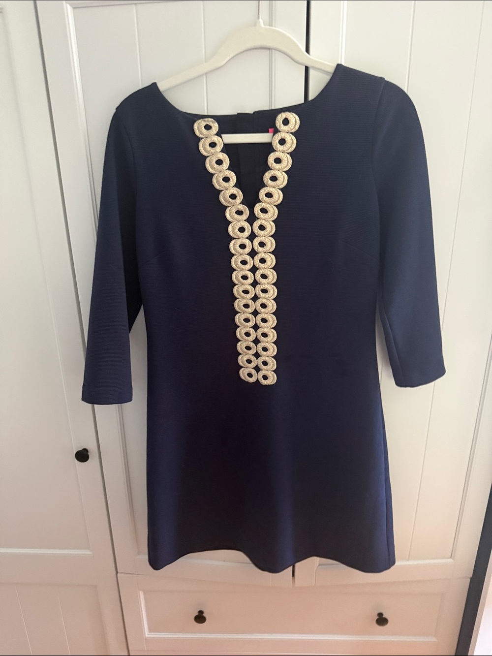 Lilly Pulitzer Navy 3/4 Sleeve Shift Dress with Gold Trim